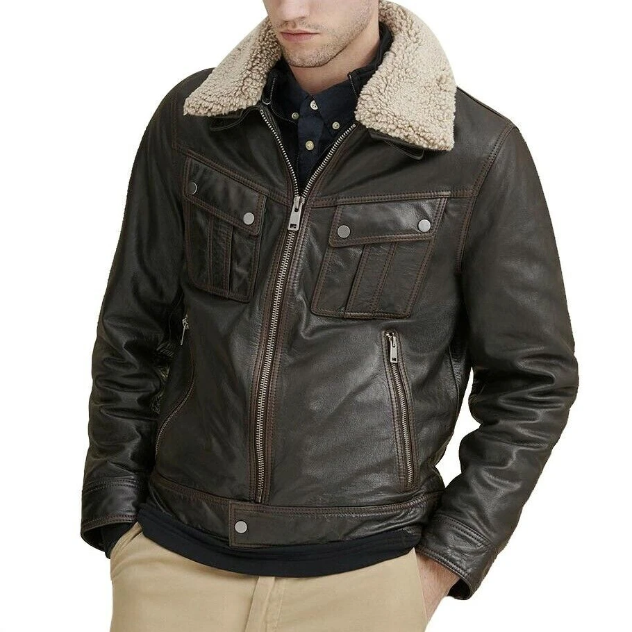 Men Leather Jacket Fur Collar Antique Waxed Jacket Real Leather Brown Jacket