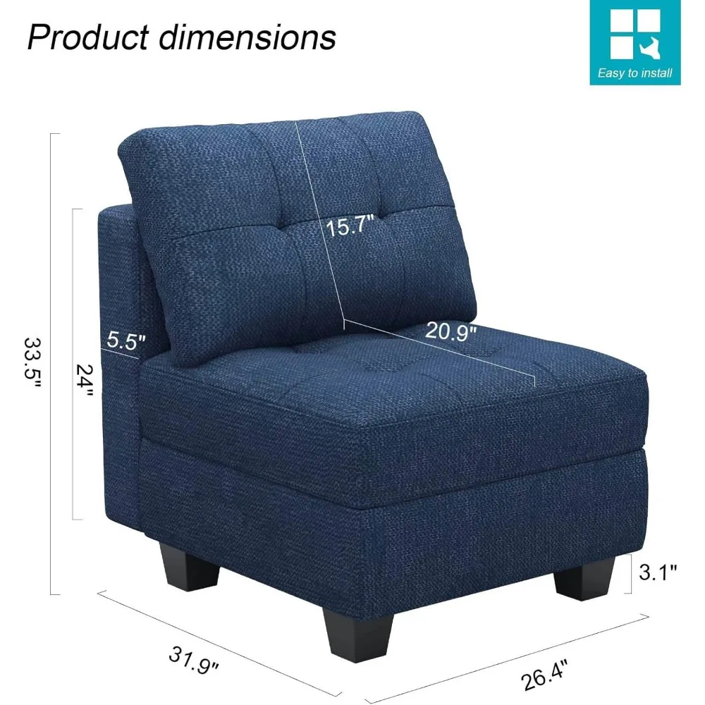 Middle Module Seat for Modular Sofa Sectional Couch with Storage Accent Armless Sofa Chair Modern Fabric Blue Children's Sofas 3