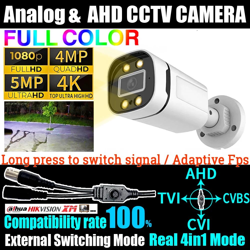 

5000TVL Analog AHD 5MP 1080P Full Color Camera CCTV Auto Luminous HD 2K 8MP TVI/CVI 4in1 OSD Cable HD Outdoor Waterproof Monitor
