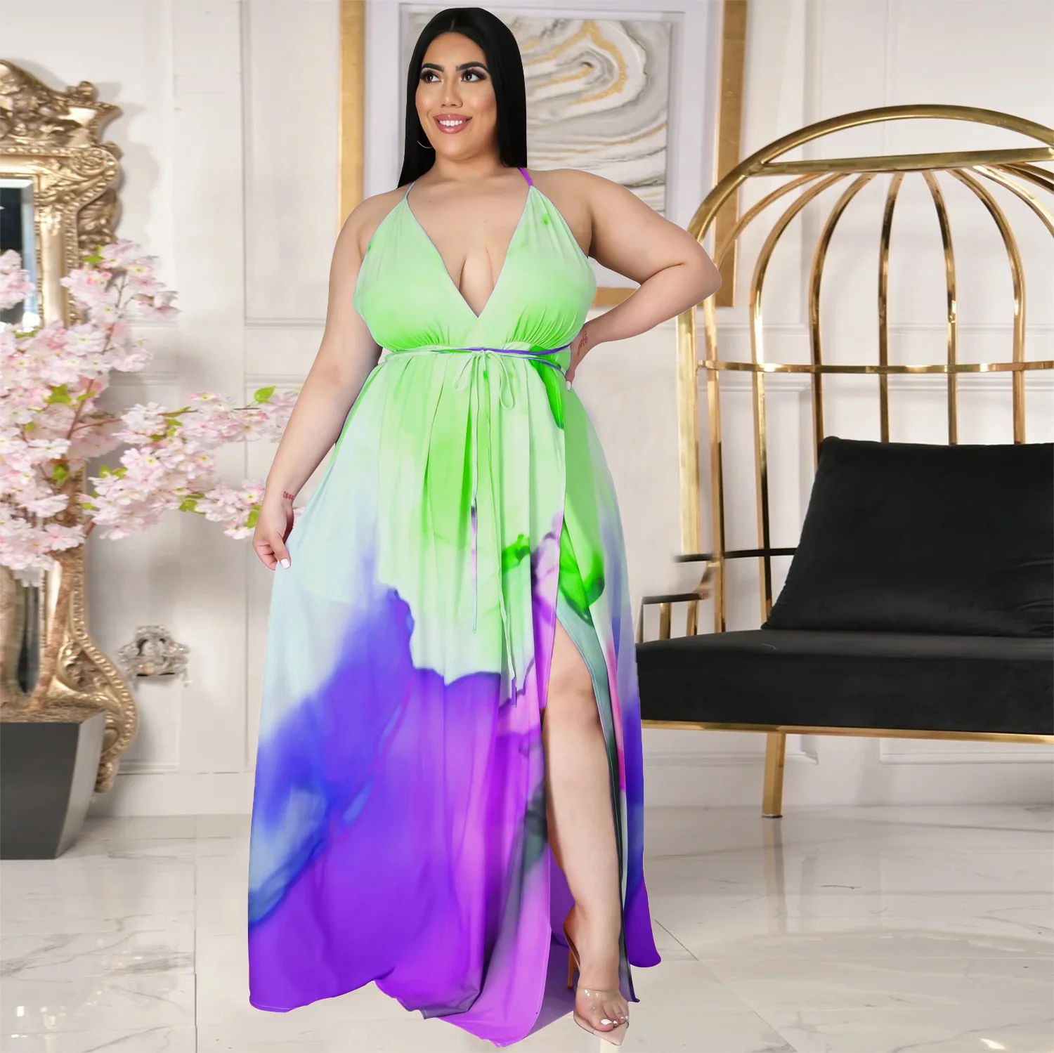 Plus Size Women Party Dresses Tie Dye Chiffon Evening Dress Female Fashion Elegant Belt Split Gowns 2022 Summer Casual Outfit