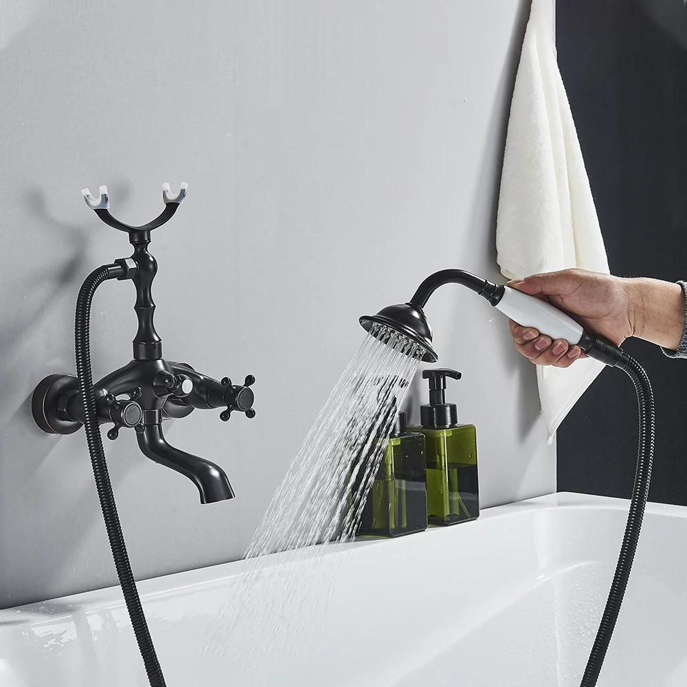 Black Bronze Bathtub Faucet Dual Handle Handheld Bath Shower with Hand Shower Wall Mount Swivel Spout Tub Sink Mixer Faucet 3