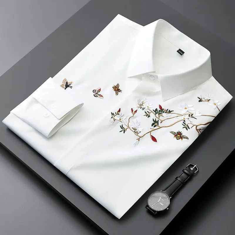 

Spring New Bee Embroidered Shirt for Men's Long sleeved Non iron, Anti wrinkle, Slim Fit Trendy Business Top, Casual Shirt