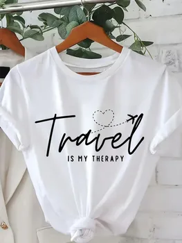 "Travel Is My Relax" Graphic T-Shirt Fit Short Sleeve Round Neck Casual Top for Summer Woman Breathable Cute Aesthetic Shirt Tee 1