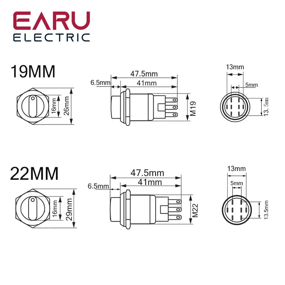 Selector Knob Self-return Momentary Self-locking Fixation Waterproof DPDT Metal Selector Knob Rotary Switch 2 3 Position LED Lamp 19/22MM