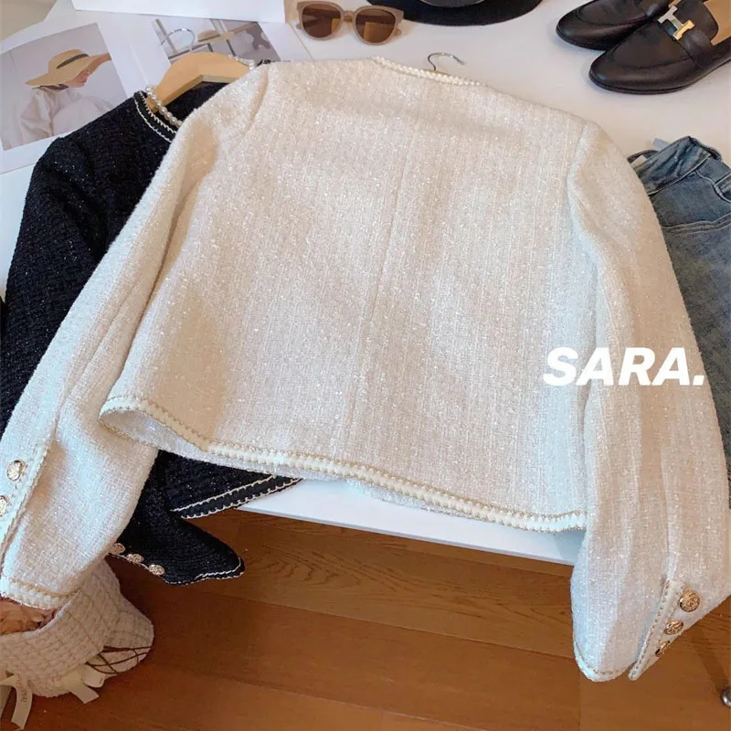 High-End Warm Down Cotton Jacket With Fragrance Tweed Woven Quilted Woolen Suit For Women Autumn Winter 2024 O-Neck Short Top