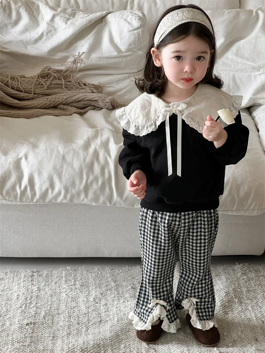 Autumn New Baby Girl Long Sleeve Lace Collar Sweatshirt Infant Girls Solid Tops Cotton Casual Sweatshirt Children Clothes