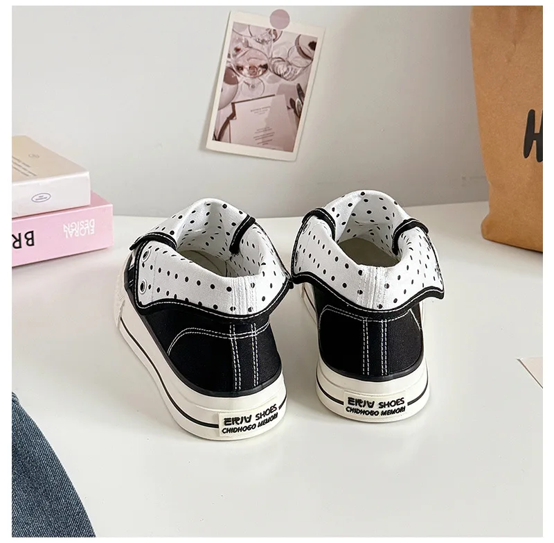Women's High Top Platform Canvas Sneakers Polka Dot Foldable Collar Lace Up Breathable Korean Style Casual Shoes Fall 2026