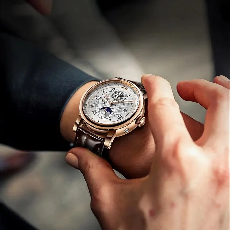 Business Waterproof Mechanical Watches Men Brand Luxury Leather Watch For Men Moon Phase Automatic Wristwatch mechanical watch