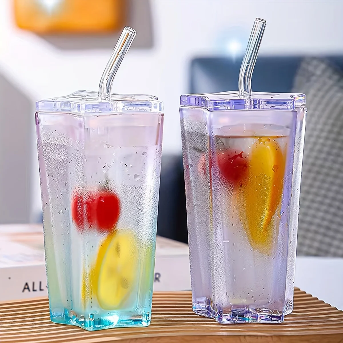 300ml Stylish Star-Shaped Glass Tumbler with Lid Straw Water Cups Glass Water Cup