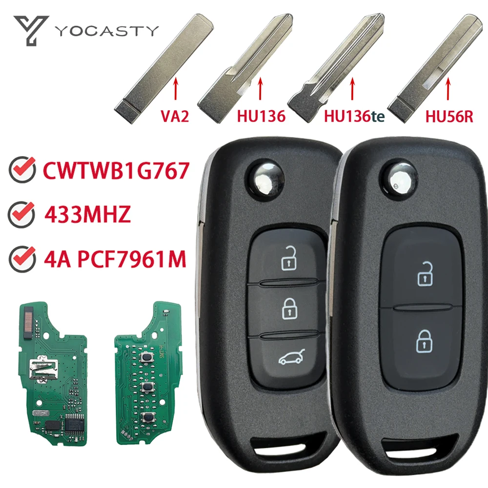 YOCASTY CWTWB1G767 For Renault Kadjar Captur Megane3 Symbol Dacia Duster Logan2 Smart Flip Car Key 4A Chip 433MHZ PCF7961M car remote key car key