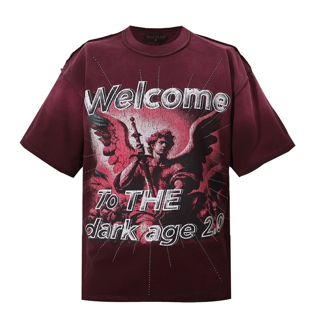 Vintage Washed Pink Angel Print Strass T-Shirt Herren Oversized Streetwear Y2K Gothic Grunge Rundhals Lässiges Grafik-T-Shirt