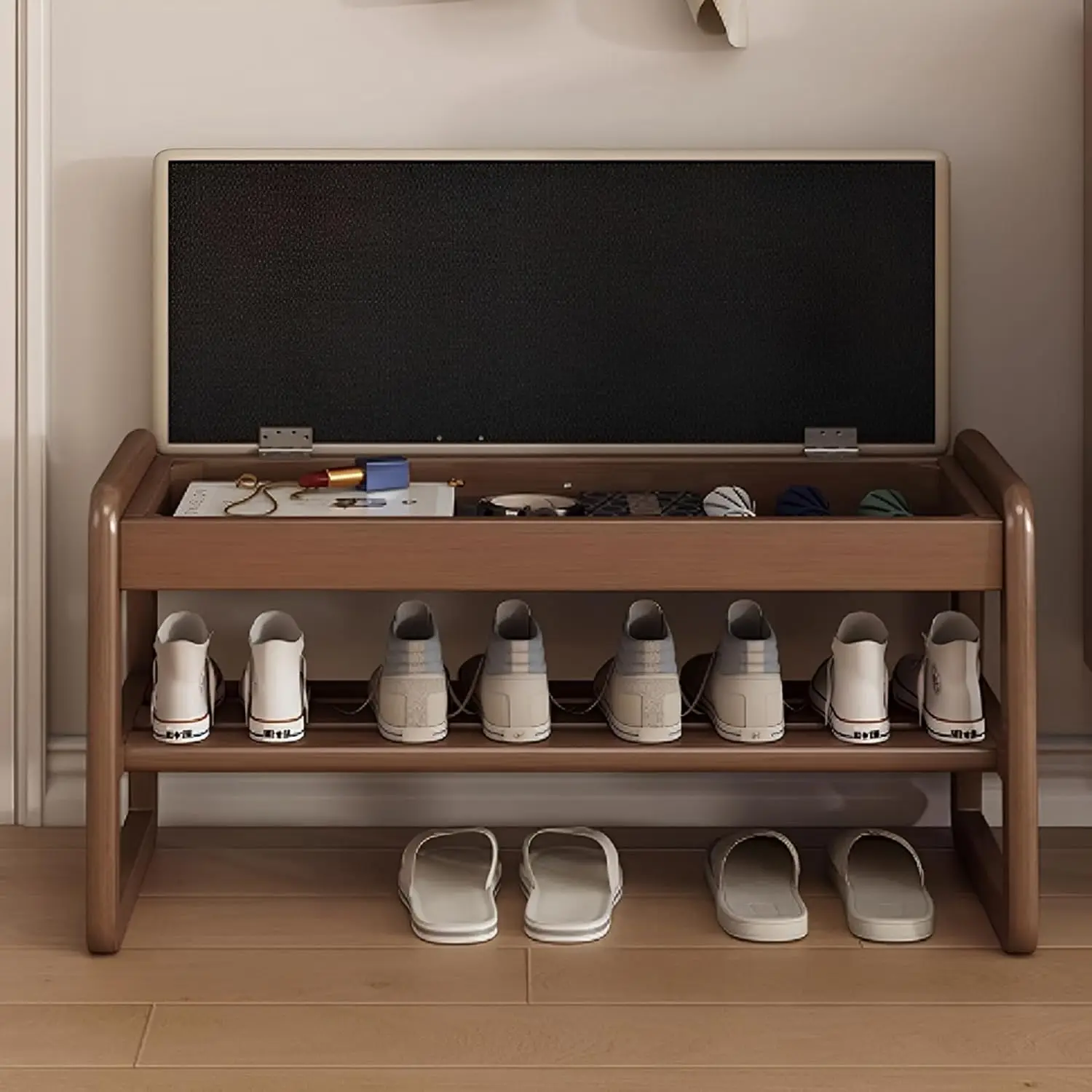 Solid Wood Bench, Entryway Shoe Bench with Cushion, 2-Tier Shoe Racks Bench, Modern Shoe Rack with Flip Top Storage Space