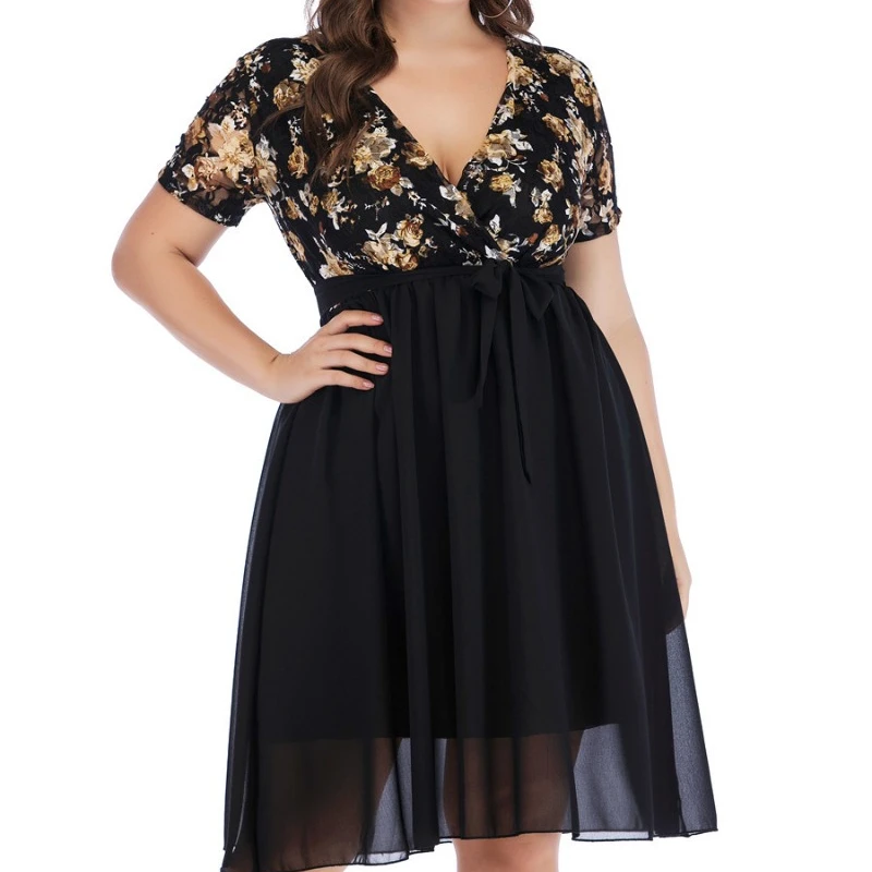 

Casual Floral Print Dress V Neck Short Sleeve High Waist Lace Up Perspective Mesh Splicing Elegant Plus Size Vestido Feminino