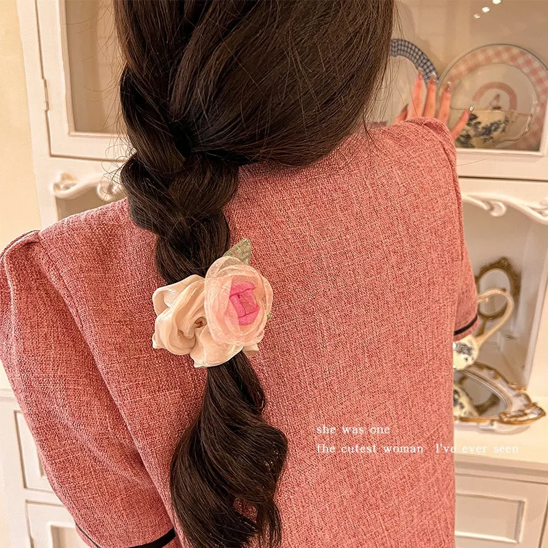 Elegant Camellia Flower Scrunchies Female Senior Dried Rose Hairpin Grab Clip Hairwear Headstring Bangs Clips Hairpin Headwear