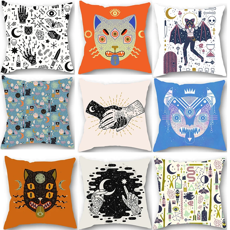 

Customizable Witch Cat Print Throw Pillow Cover Home Sofa Car Cushion Cover Wholesale Halloween Decoration Room Pillow Cover