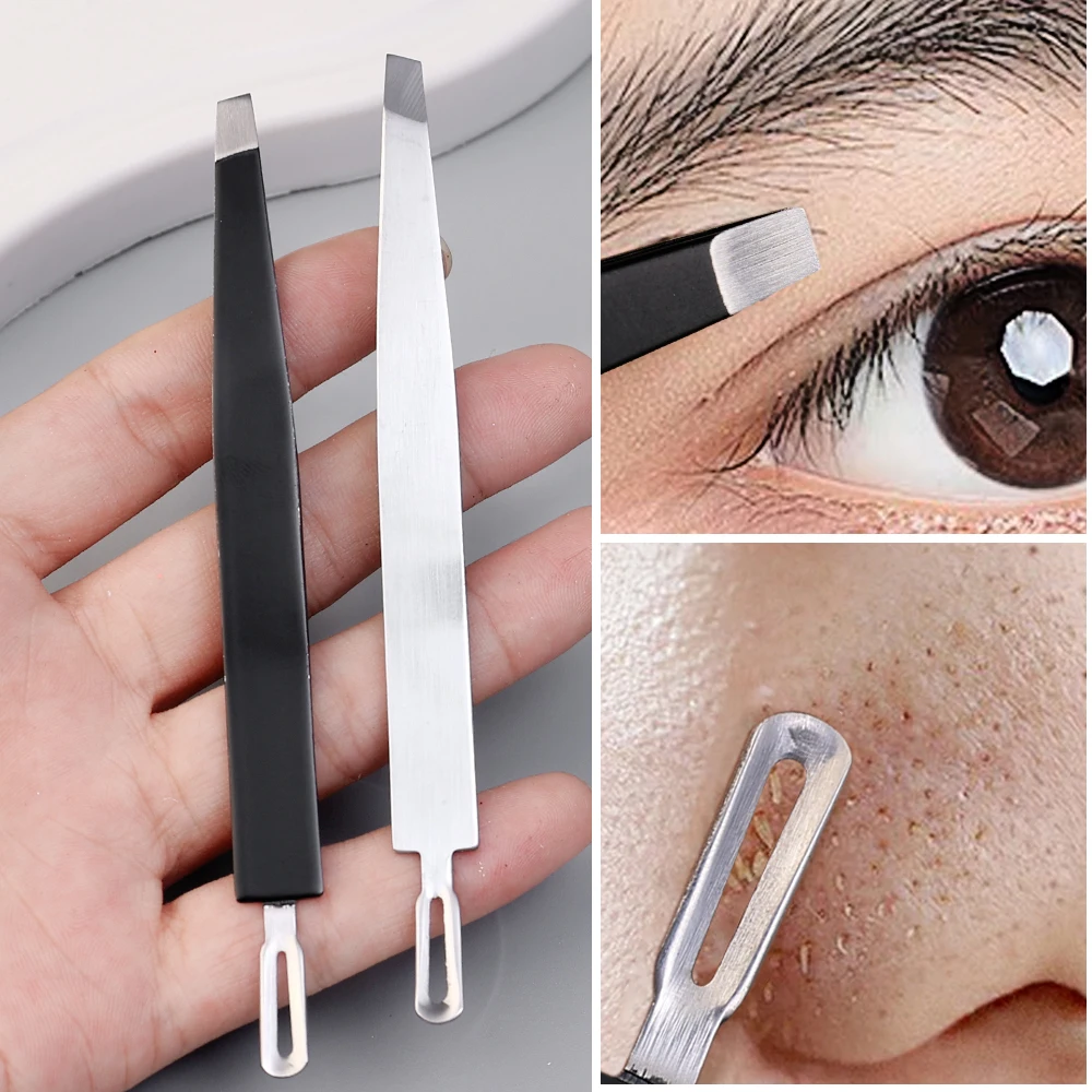 2PCS Stainless Steel Eyelash Tweezers Flat Eyebrow Clip Hair Removal Cosmetic Tools Double Headed Blackheads Acne Removal Tools 3