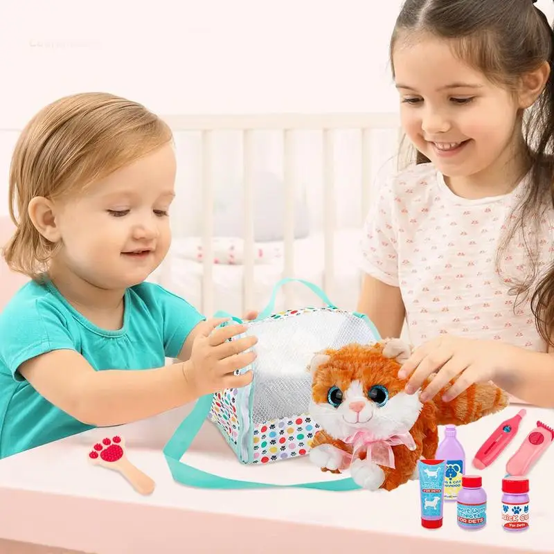 Pretend Play Pet Care Set Cartoon Dog Cat Pet Backpack Vet Play Veterinarian Kit Interactive Kids Educational Toys