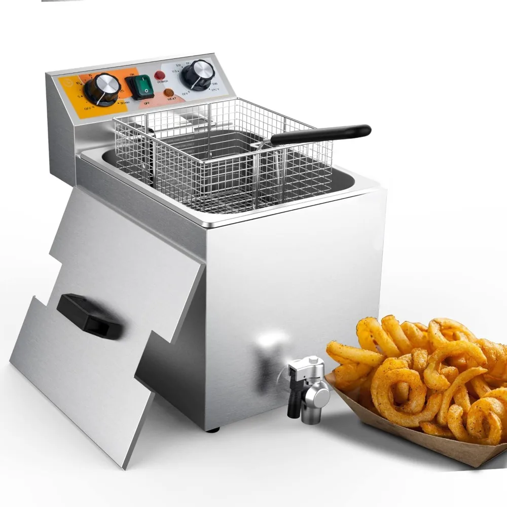 14 Qt. Electric Countertop Commercial Deep Fryer with 6.8 Qt. Basket, for Restaurant and Home 120V, 1700W, Stainless Steel Build