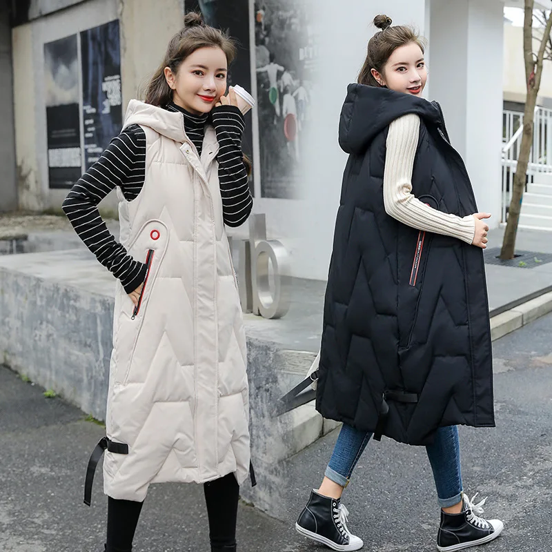 

Winter Thickening Warm Hooded Vest Coat Women Down Cotton Long Knee Length Vest Fashion Hooded Korean The Horse Clip Vest Jacket