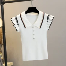 

T Shirts Women Summer Fashion Sleeveless V Neck Slim Thin Knitting Tops Female Ruffles Button Patchwork Casual Tee Shirt Femme