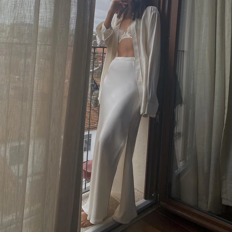 White Satin High Waist Long Skirt For Women Zipper Side Split Slim Elegant Party Maxi Skirt Y2k Outfit Female Long Skirt