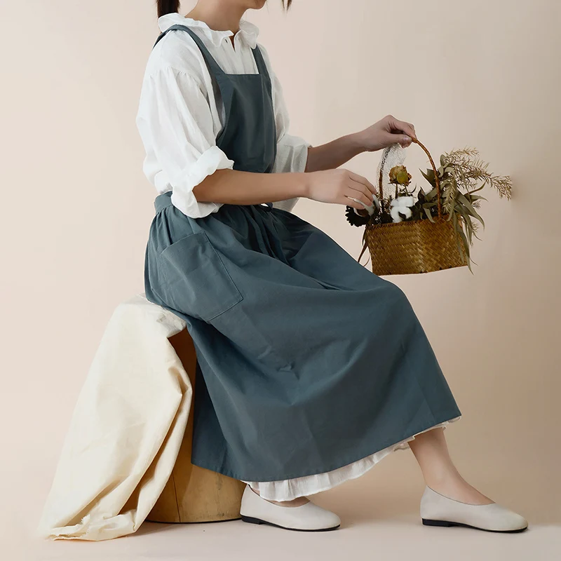 

Women Waterproof Cotton Linen Cross Back Apron Literary Japanese Housework Baking Florist Dress Kitchen Cooking Aprons