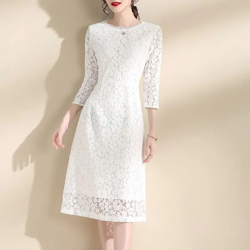 

Casual Dress Women 2023 Spring New Lace Dress Elegant Light Luxury Mid length Underlay Dress White O Neck Dress Female Tops
