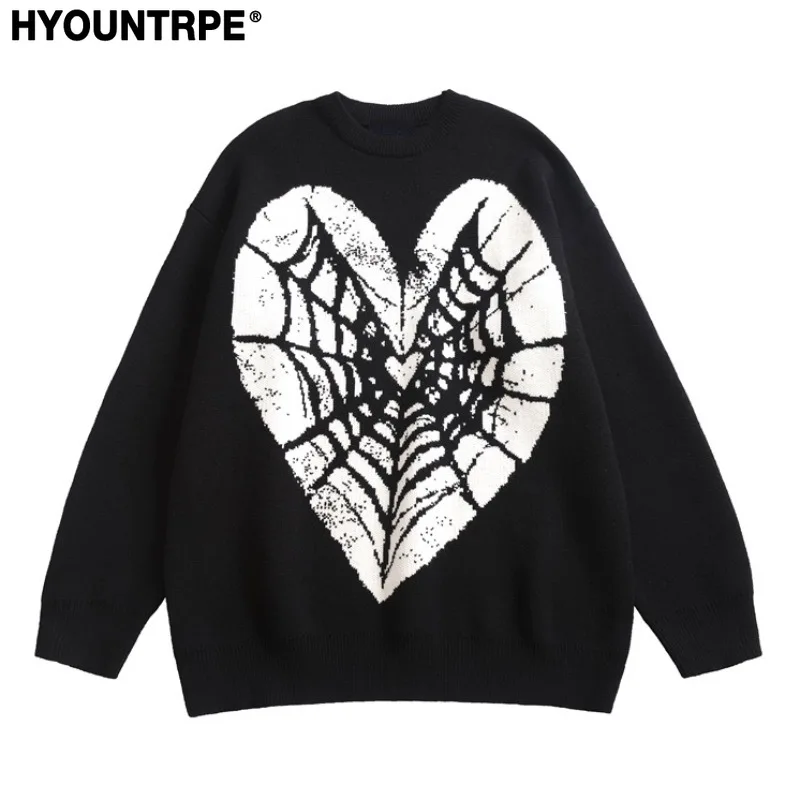 

Hip Hop Knitted Sweater Men Winter O-neck Anime Spider Web Pattern Pullover Streetwear Casual Loose Sweater Warm Jumper Knitwear