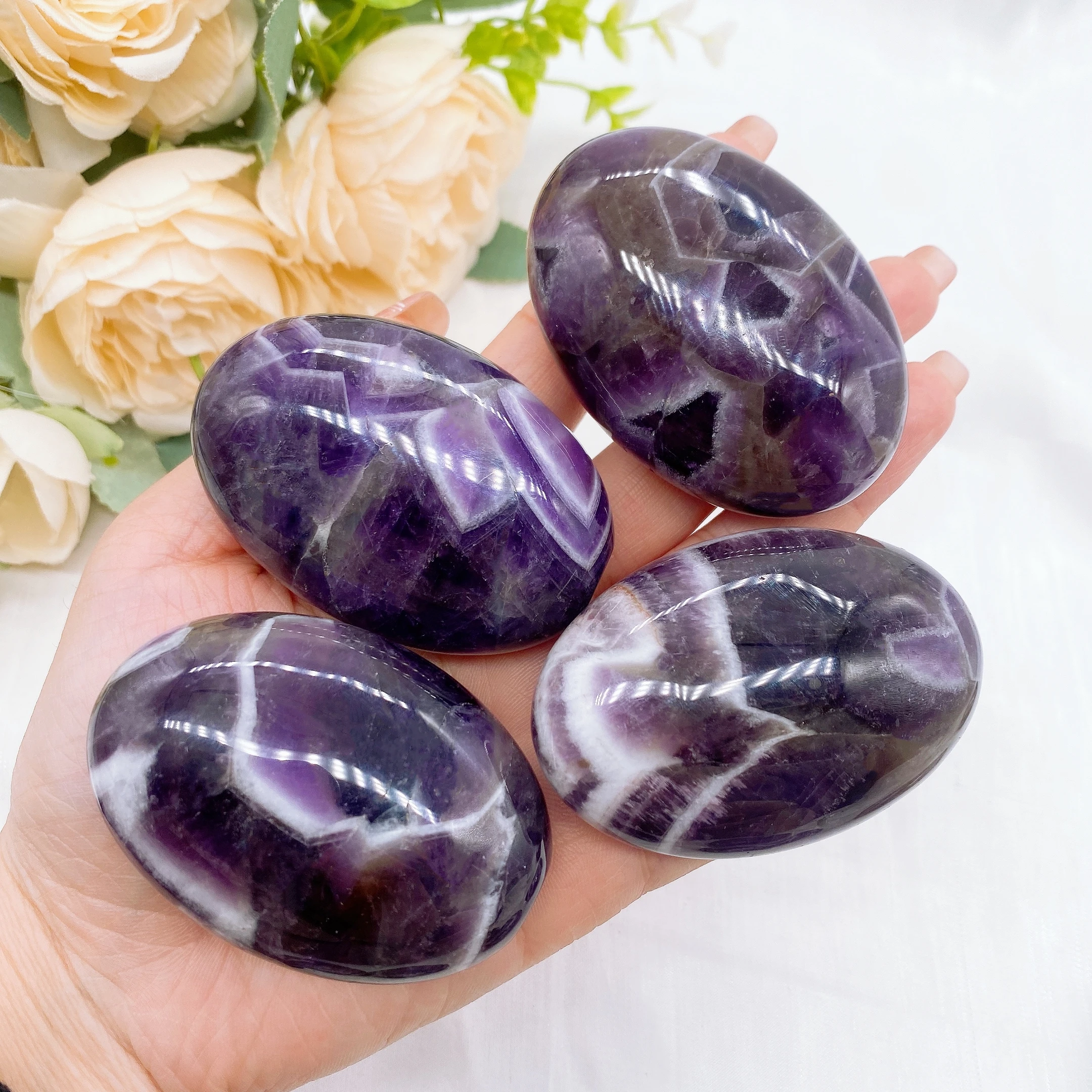 60mm Natural Amethyst Pocket Palm Crystal Quartz Stone Polished Energy Gems Reiki Healing Gift Mineral message tool Home Decor 4