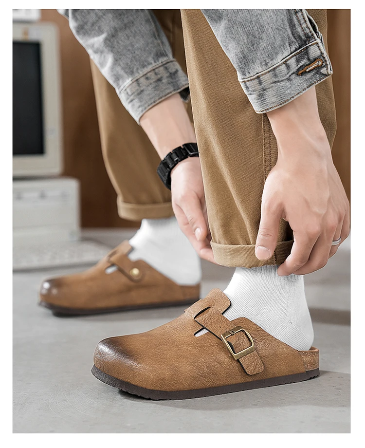 Unisex Cork Closed Toe Slippers Slip-on Clogs Slides Fashion Leather Sandals with Adjustable Buckle Backless Comfort Footbed
