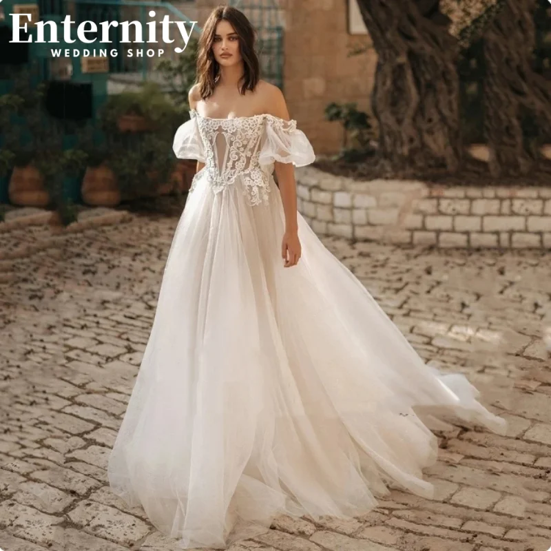 

A-Line Bridal Gowns Lace Appliques Tulle Robes Off The Shoulder Vintage Simple Wedding Dresses Boat-Neck Vestidos De Novia 2024