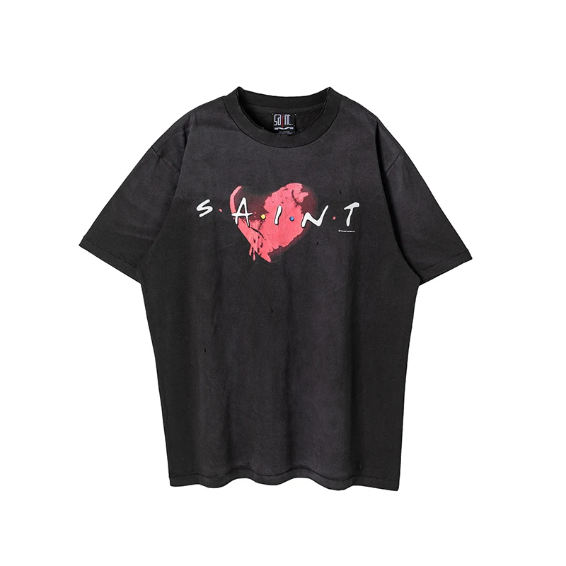

Saint Michael Summer Men's and Women's Washed Old Grey Loose Short Sleeved T-shirt Large Retro Half Sleeved Short Sleeved T-shir