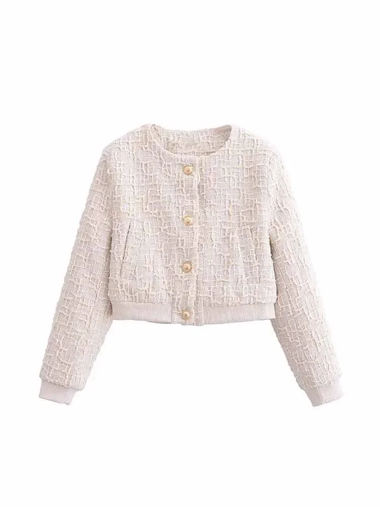 

Women's new Fashion gold button decoration short textured flying jacket coat retro long sleeved pocket women's coat Chic top