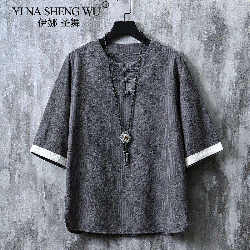 Kimono Japanese Style Men's Short Half-sleeved Shirt T-shirt Japanese Yukata Feather Knitted Cardigan Clothing Cotton and Linen