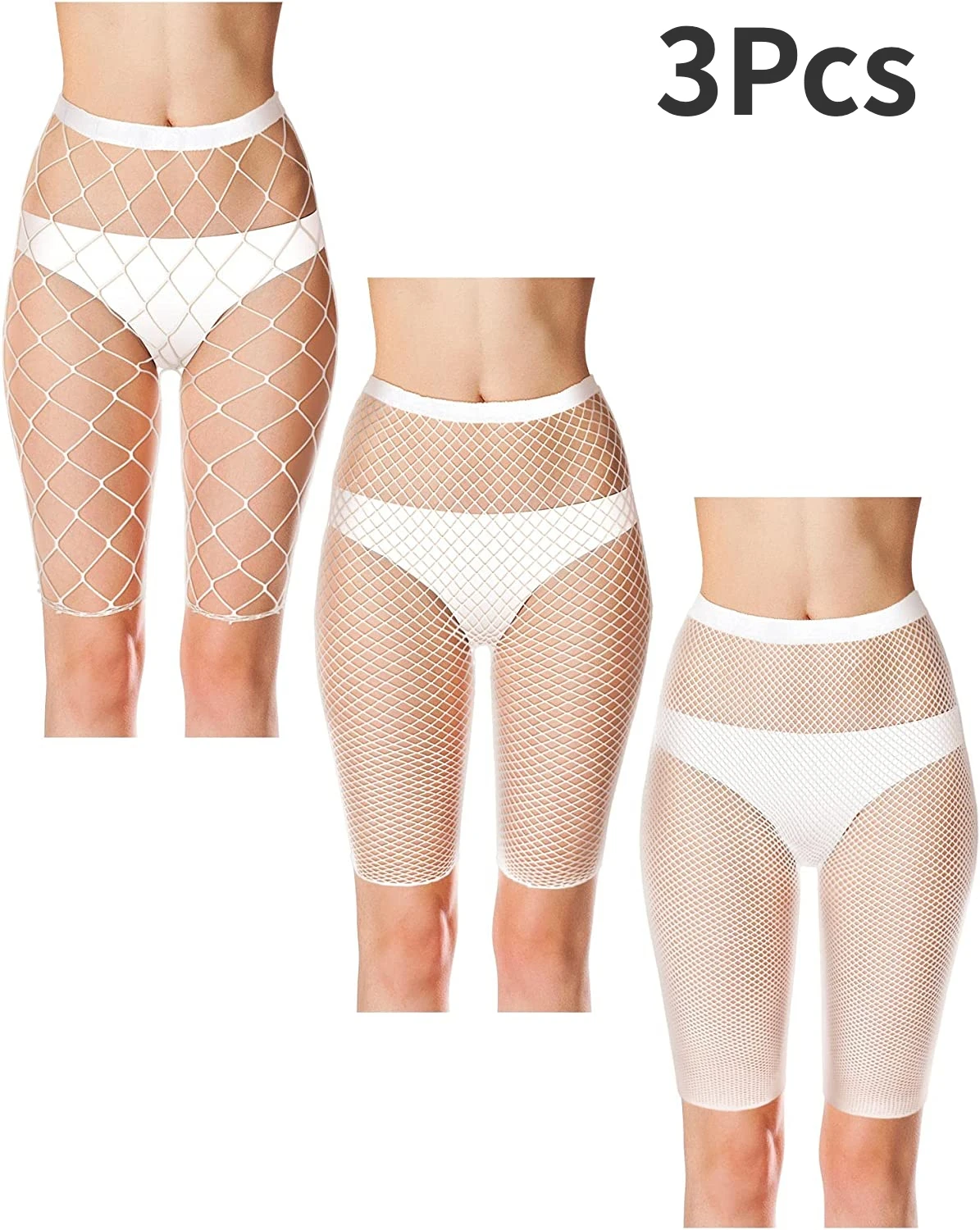 

3Pcs Women Fishnet Shorts Pantyhose Fishnet Biker Short High Waisted Tights See Through Elastic Breathable Mesh Shorts for Lady