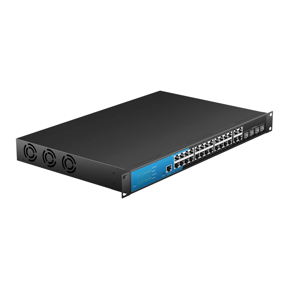 불스컴 24포트 관리형 PoE++ 스위치 (4개 기가비트 업링크, L3 QoS, 802.3at/bt, 370W 예산 지원)