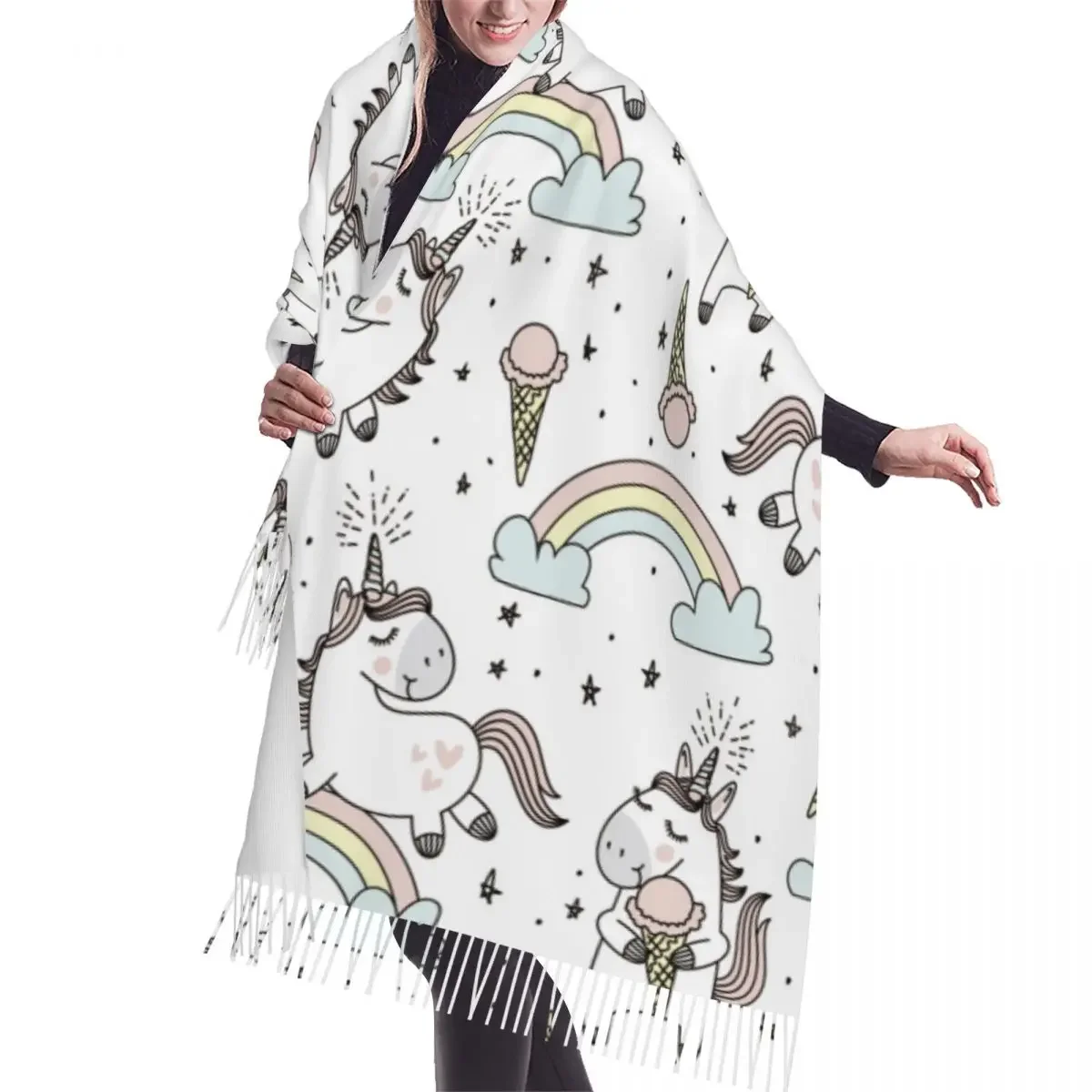 

Autumn Winter Warm Scarves Cute Unicorns Clouds Rainbow And Stars Fashion Shawl Tassel Scarves Wrap Neck Headband Hijabs Stole