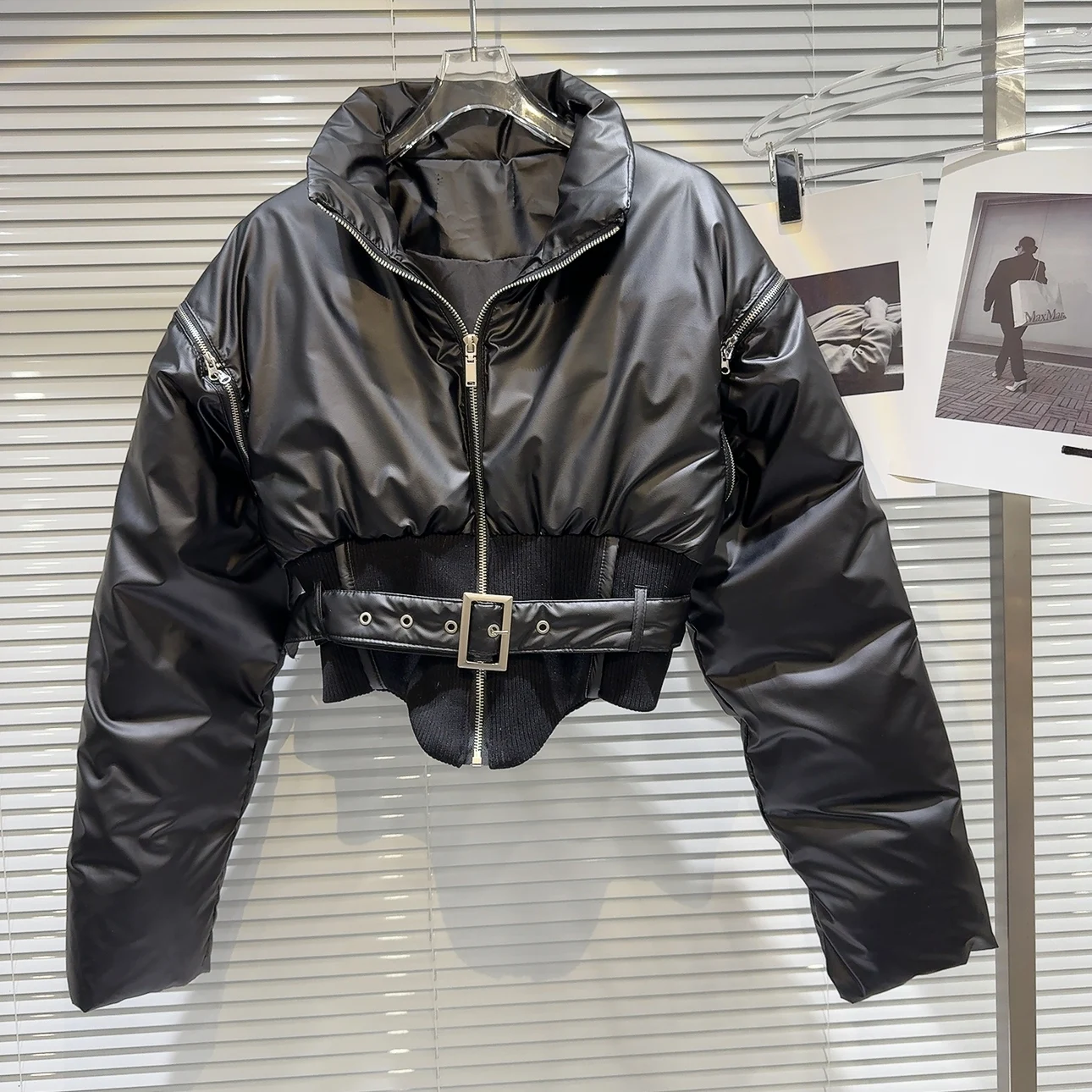 

Zipper Shoulder Belt Short Leather Down Coat 2023 Winter New Fried Street Crop Jacket