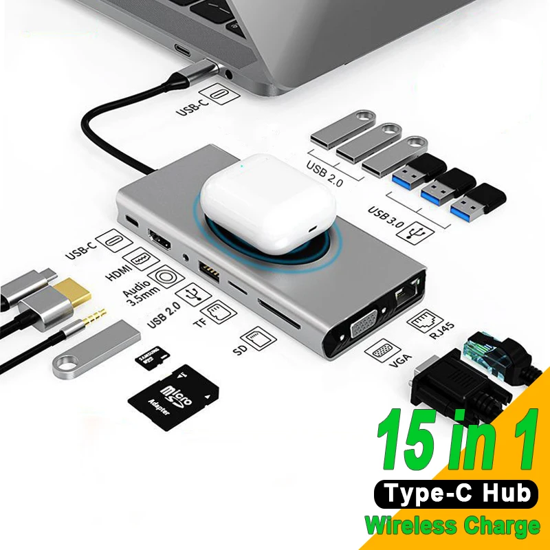 

USB-хаб 15 в 1 с поддержкой быстрой зарядки, USB 3,0 и HDMI