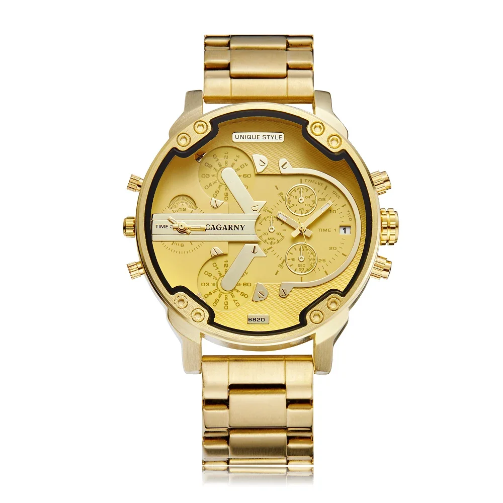 Cagarny 6820 Cool Mens Wrist Watches Man Quartz Watch Men Golden Stainless Steel Dual Time Zones Military Relogio Masculino XFCS