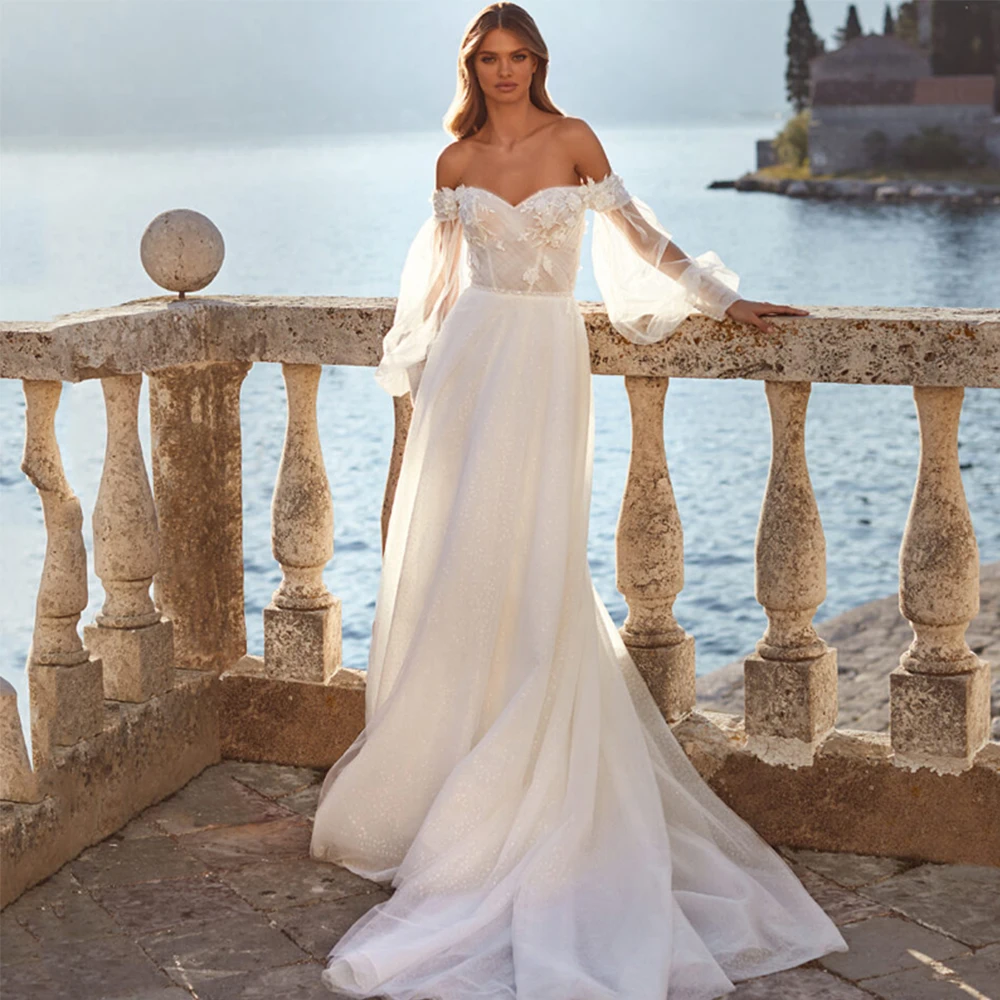 

AViana Off The Shoulder Glitter Lace Appliques Wedding Dress For Bride 2023 Puff Sleeves Bridal Gown Illusion Vestido De Novia