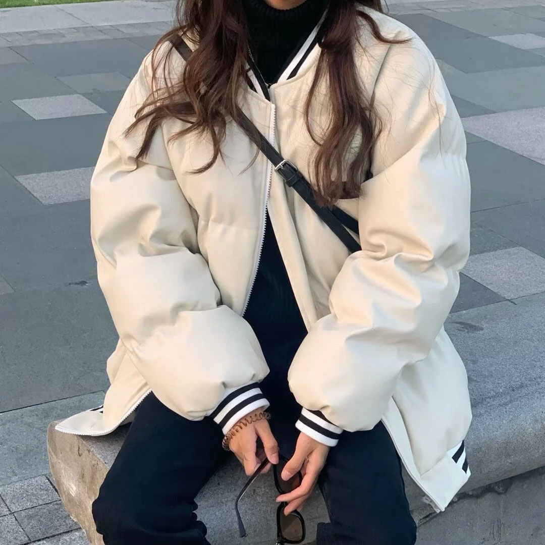 PU 가죽 야구 유니폼 여성용, 면 패딩 의류, 작고, 느슨하고, 두껍고, 따뜻하고, 홍콩 스타일