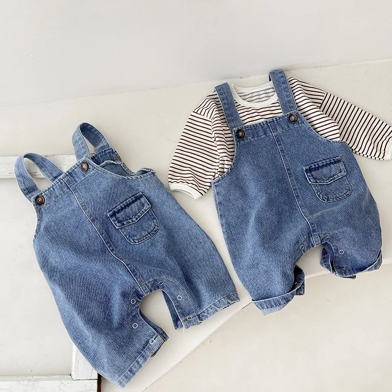 Korean Autumn Baby Boys 2PCS Clothes Set Denim Suspender Pants Cotton Striped Long Sleeve Tops Suit Toddler Boys Outfits baby outfits baby boy outfits kids jeans set