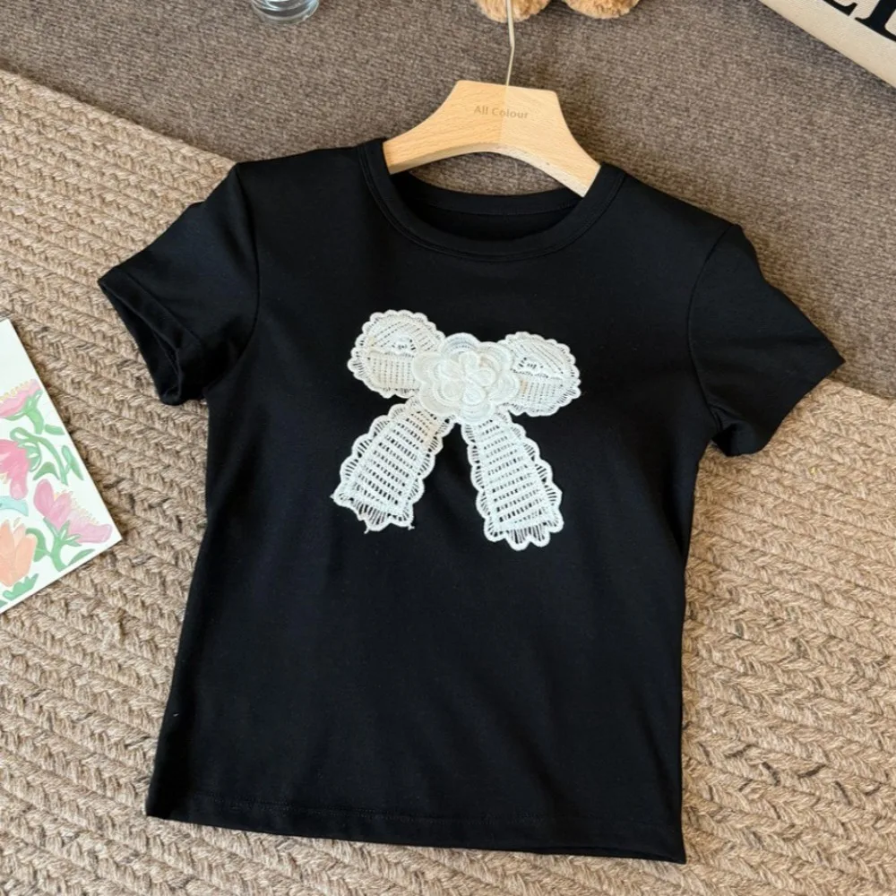Casual Top Cotton Korean Bow T-shirts Bowknot With Chest Pads Y2K Crop Tops Undershirt Korean Style Short Shoulder Tops Student