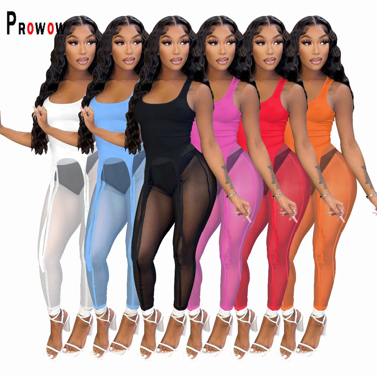 

Prowow Sexy Sheer Mesh Two Piece Women Suits Vest Pant Slim Fit Tracksuits 2023 New Summer Sporty Joggers Fitness Bodycon Outfit