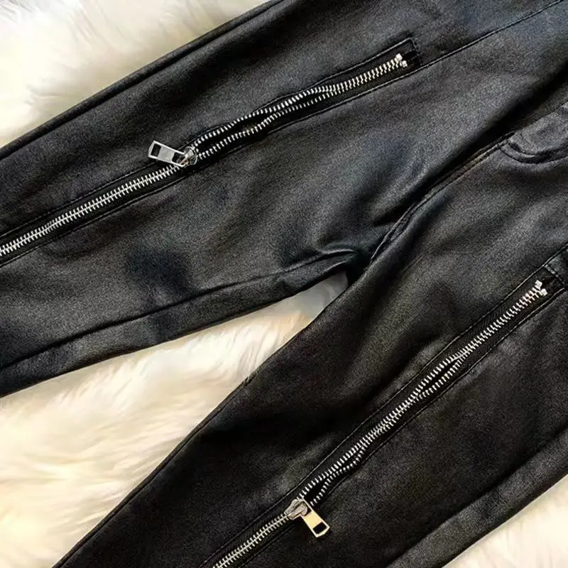 Matte coated leather pants women's new slim high waist velvet leggings women's autumn and winter outer wear