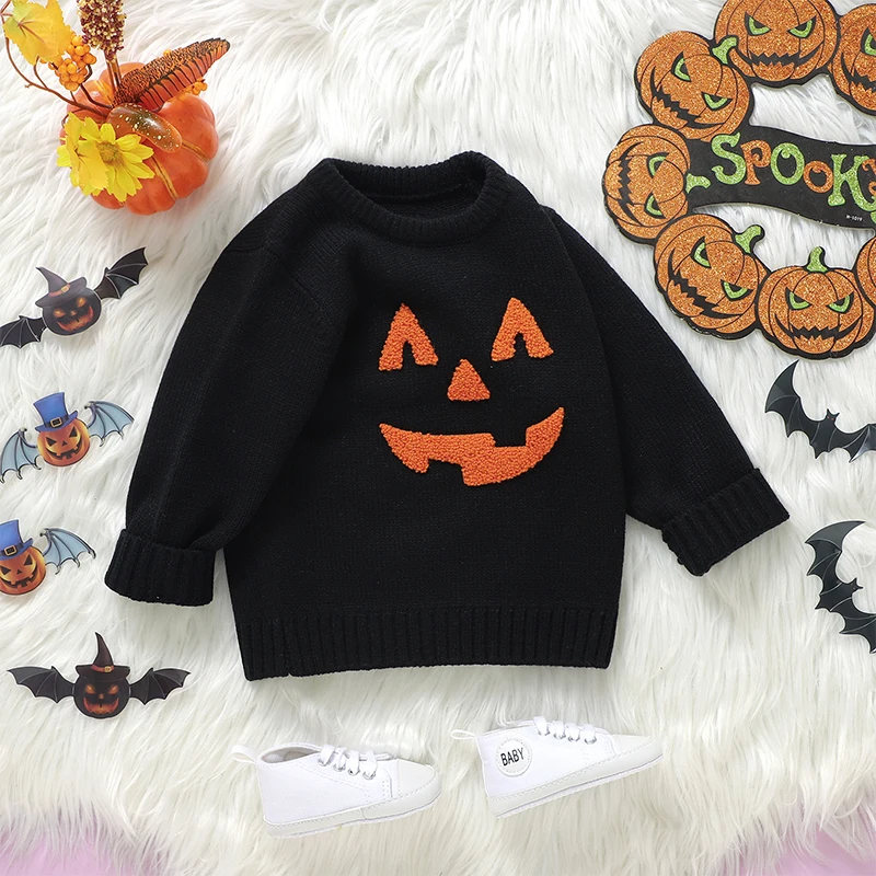 VISgogo Toddler Boys Girls Halloween Sweaters Witch Pumpkin Long Sleeve Round Neck Ribbed Knitted Pullover Fall Winter Clothes