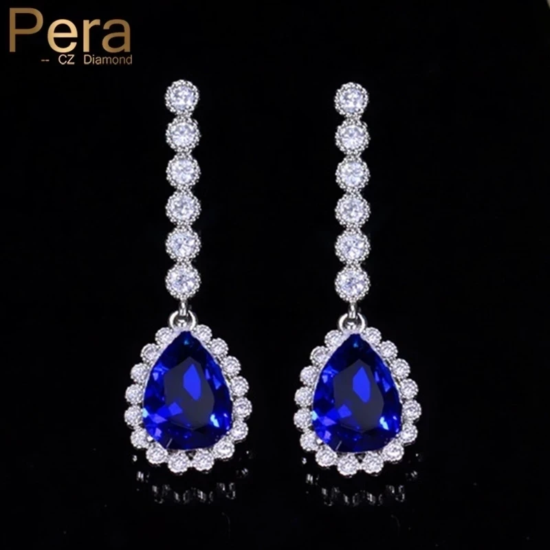 Pera Classic Big Water Drop Cubic Zirconia Silver Color Women Long Royal Blue Earrings For Bridal Engagement Party drop earrings dangle earrings