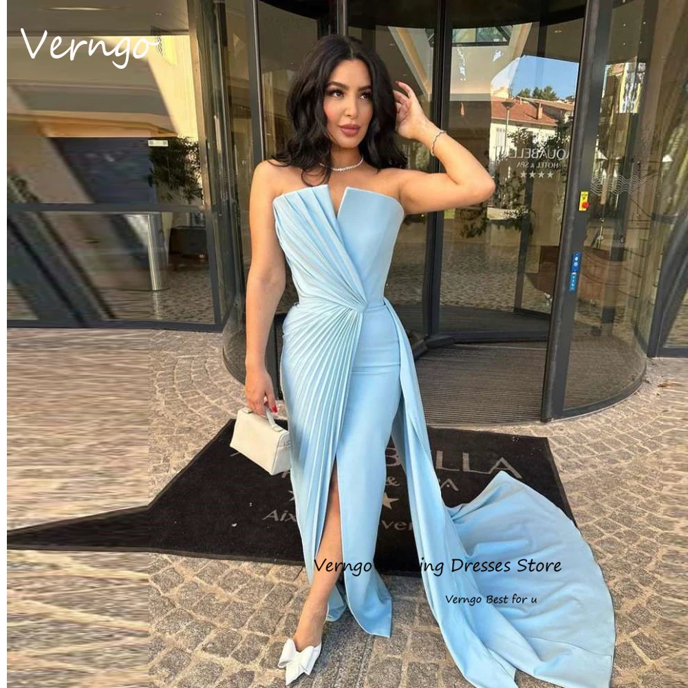 

Verngo Arabic Women Mermaid Evening Dresses Strapless Stretch Pleats Satin Front Slit Elegant Formal Prom Dress Occasion Party