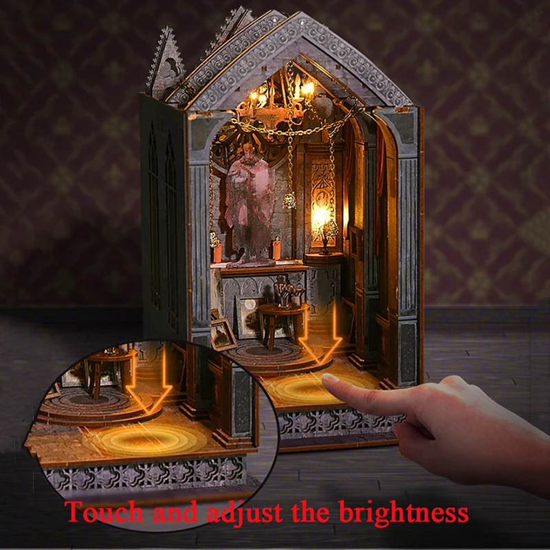 DIY Book Nook Wooden Miniature Model Kit Gothic Church Architecture Bookend Assembled 3D Puzzle Bookshelf Home Decor Adult Gifts 5